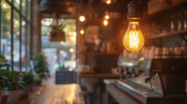 Lämminsävyinen kahvila, riippuva hehkulamppu ja espressokone